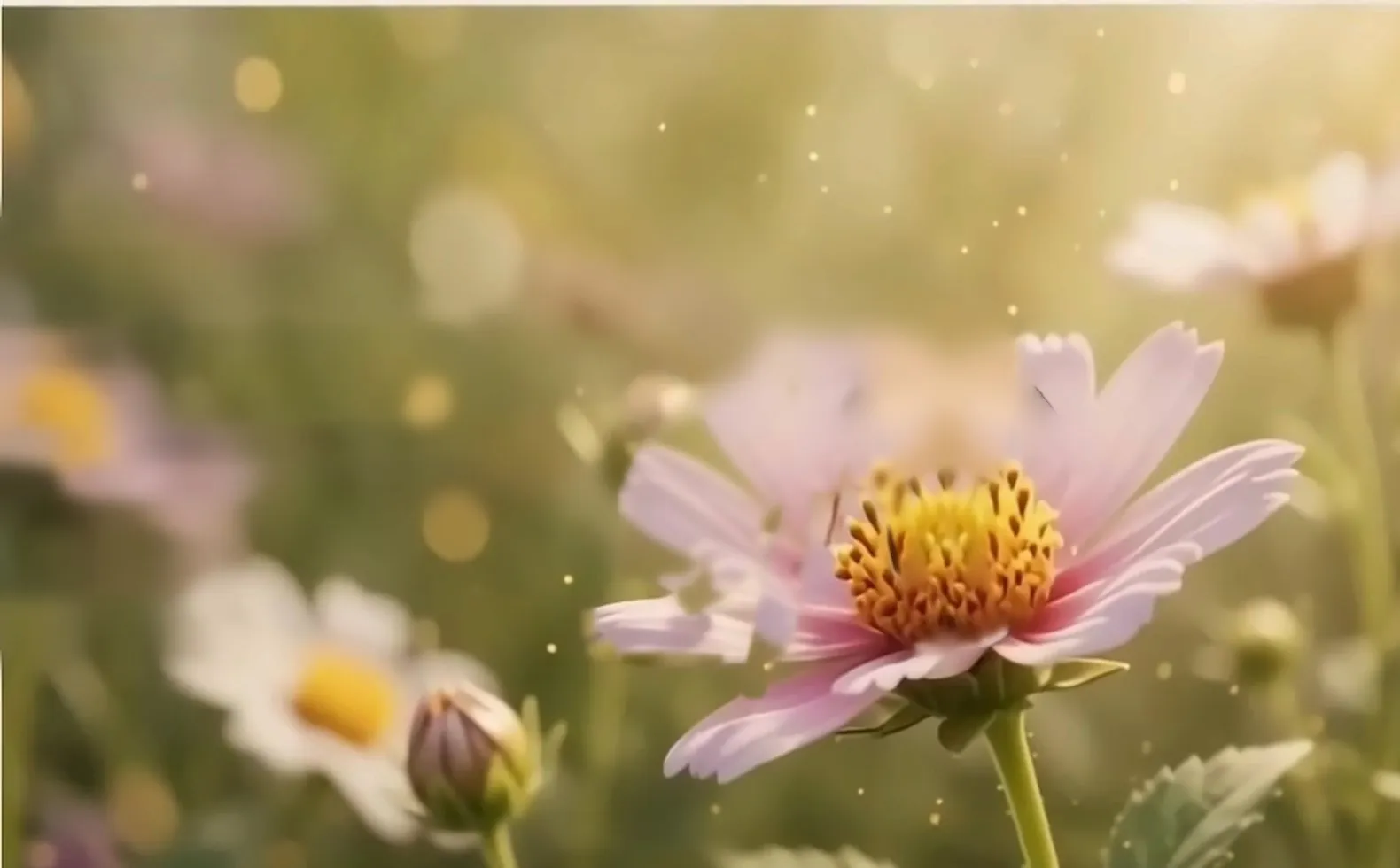 A pink cosmos flower in a sunlit meadow