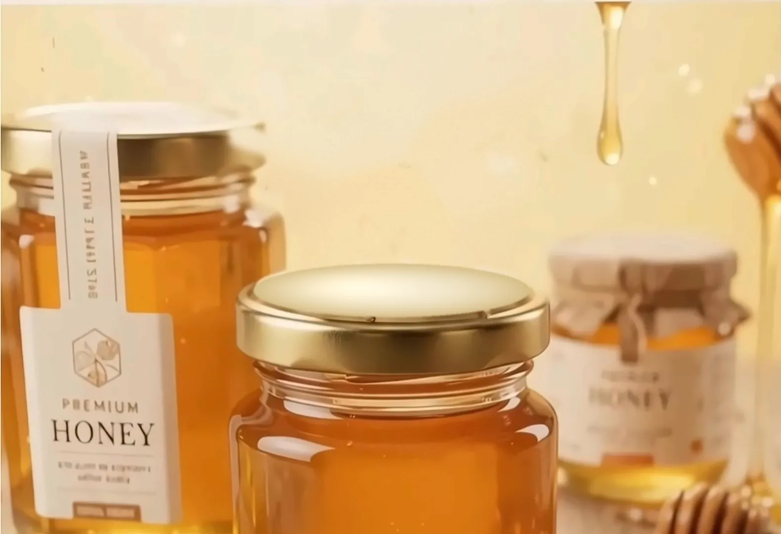 Jars of premium honey with gold lids